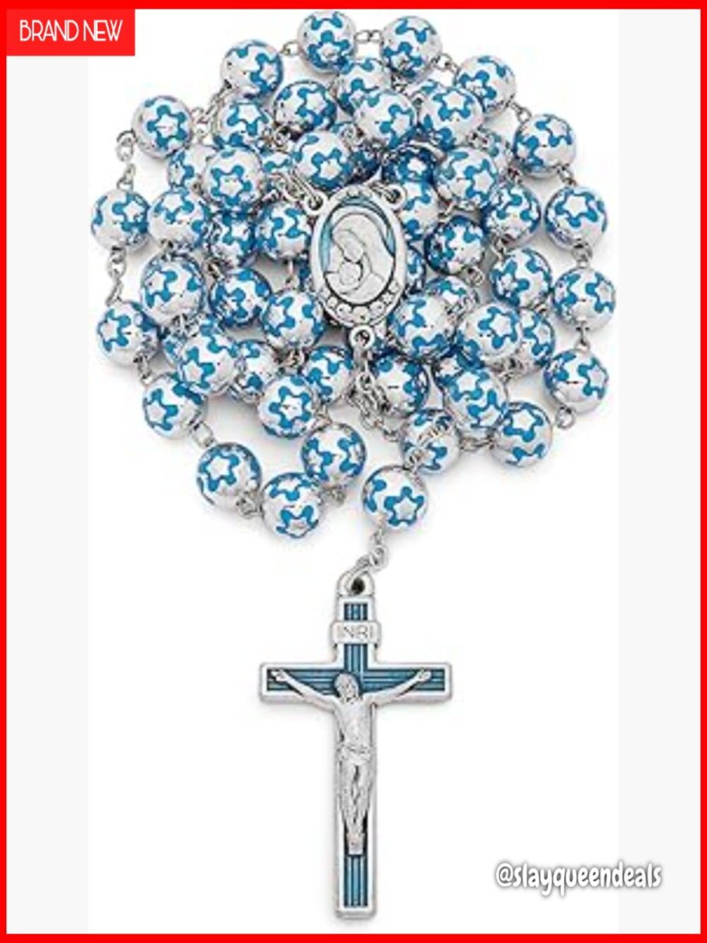 Silver Rosary Beads with Light Blue Enamel Crucifix - Catholic Gifts
